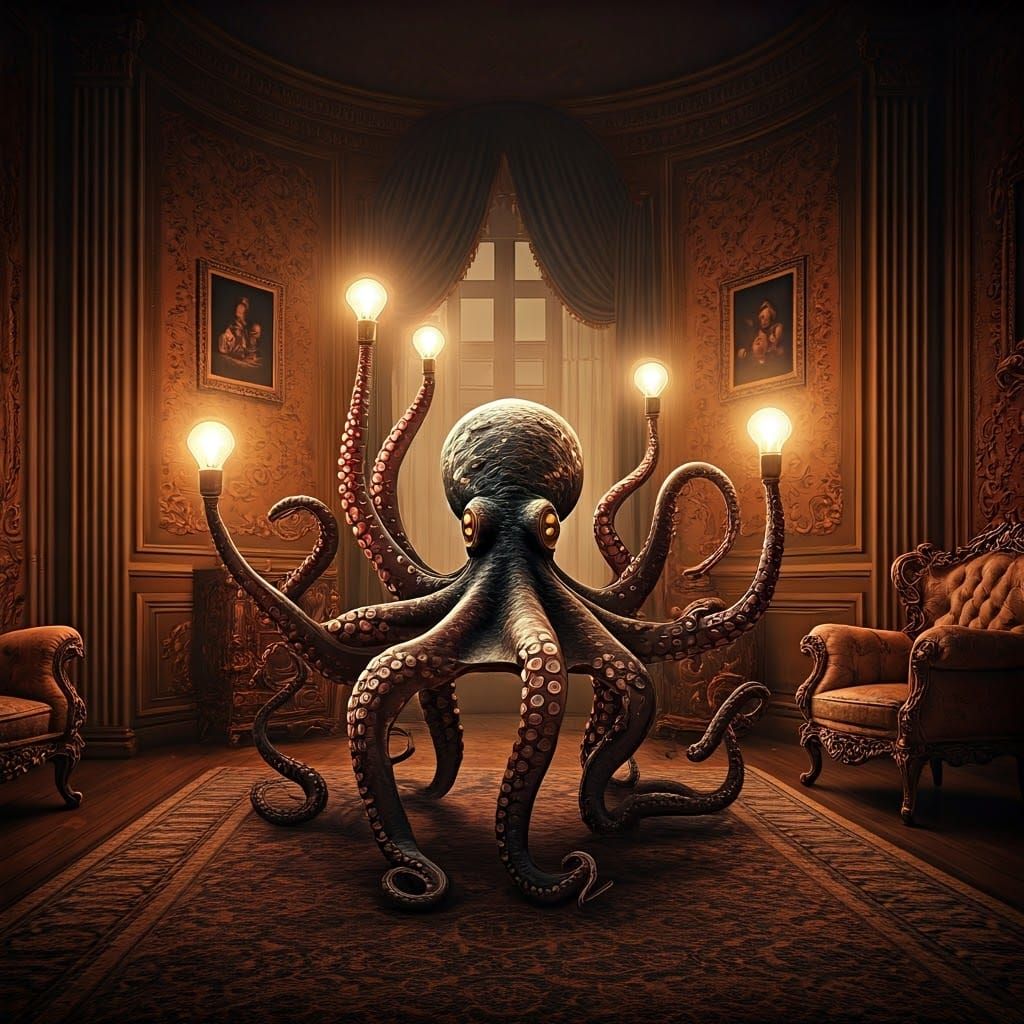 Octopus Lamp Illuminates Ornate Living Room