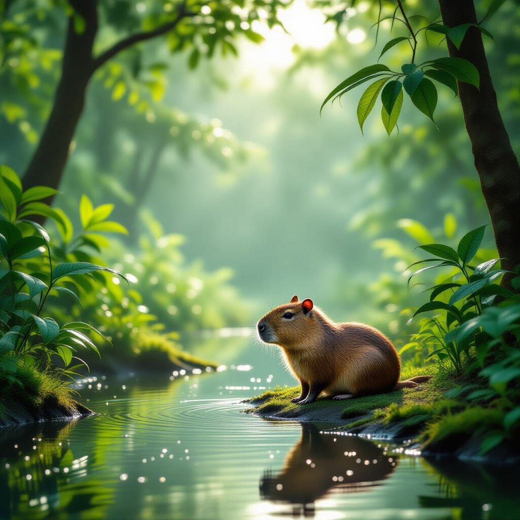 Tranquil Jungle Scene with Capybara at Dawn