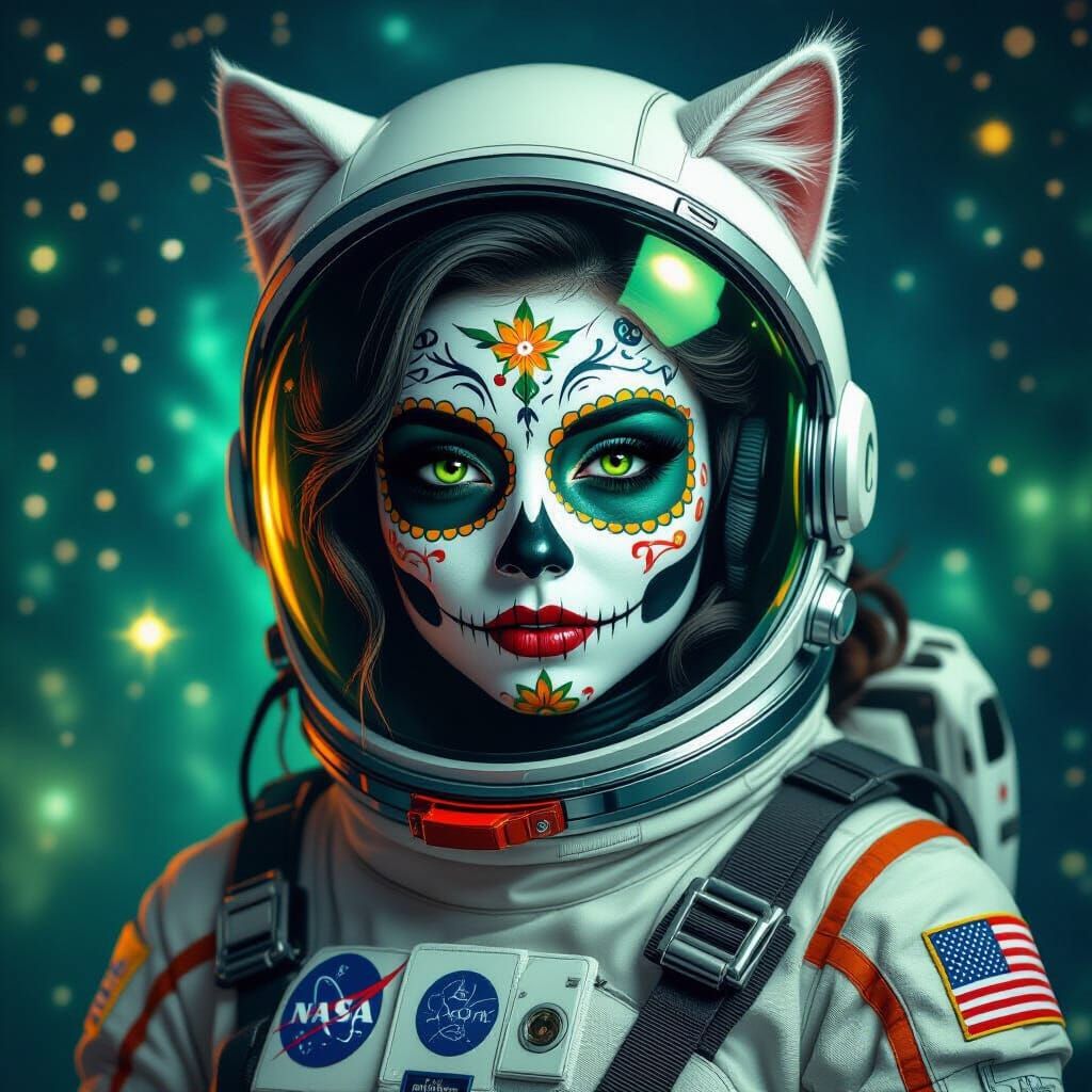 Catrina Catwoman Astronaut in Hyperrealistic Galaxy