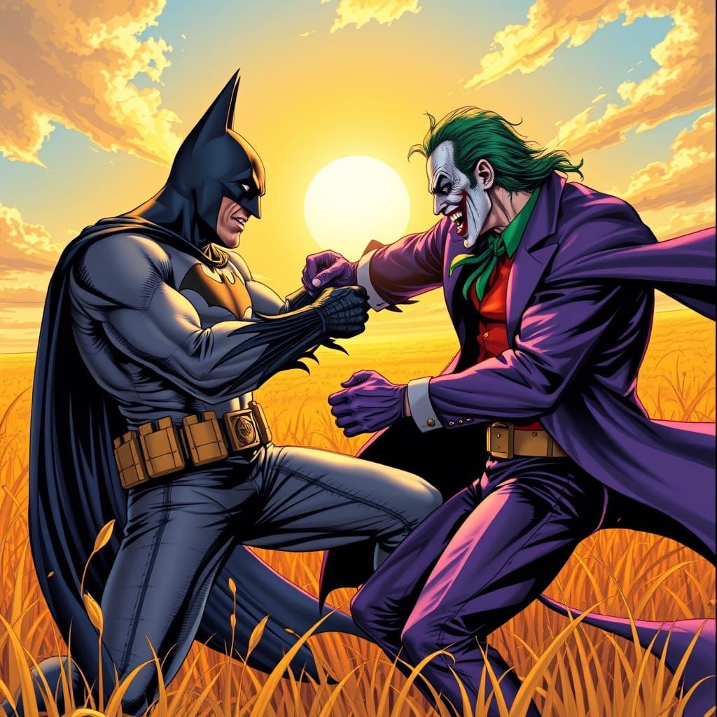 Batman vs Joker in Golden Field, Comic Book Art
