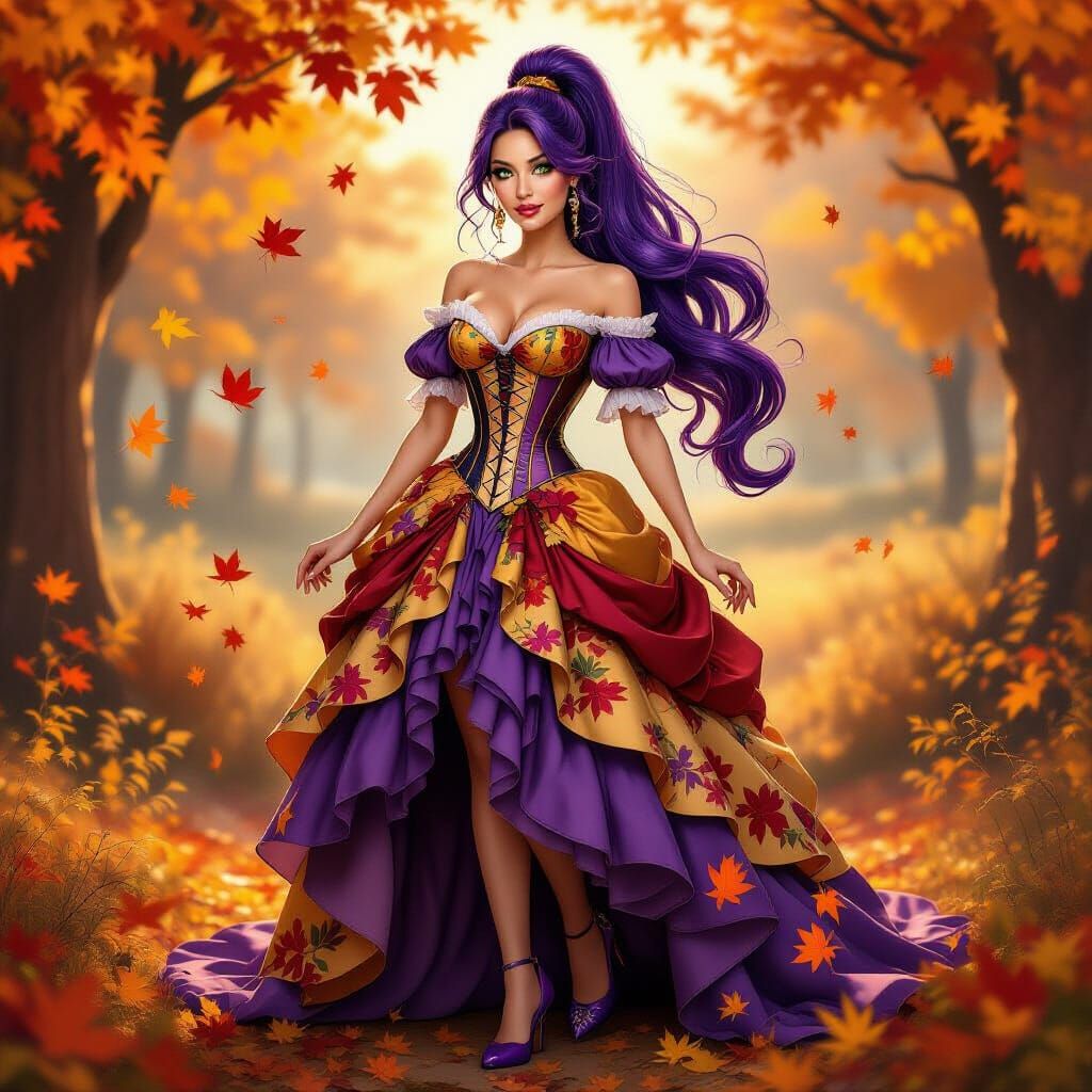 A vibrant, enchanting woman with long, lustrous purple hair ...