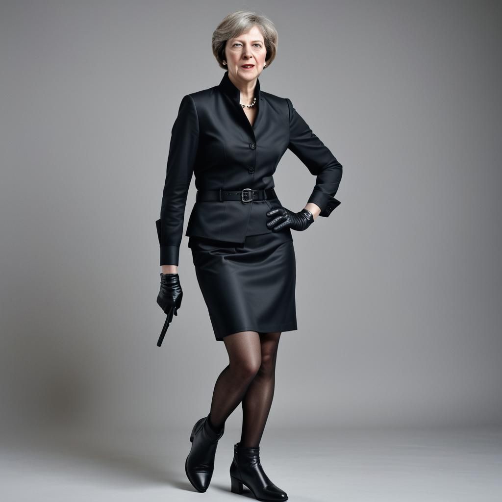 Theresa May Portrait in Black Leather, Hyper-Realistic