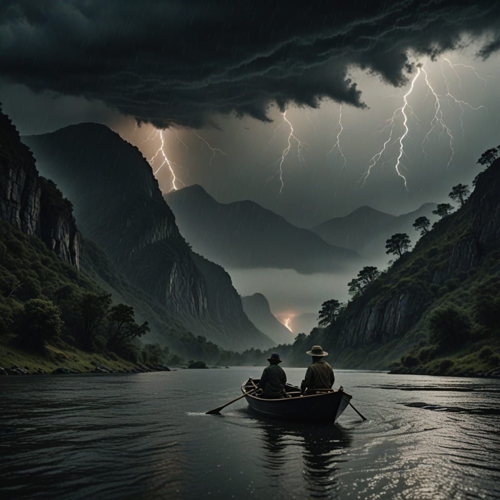 Man Navigates River in Foggy Evening Storm