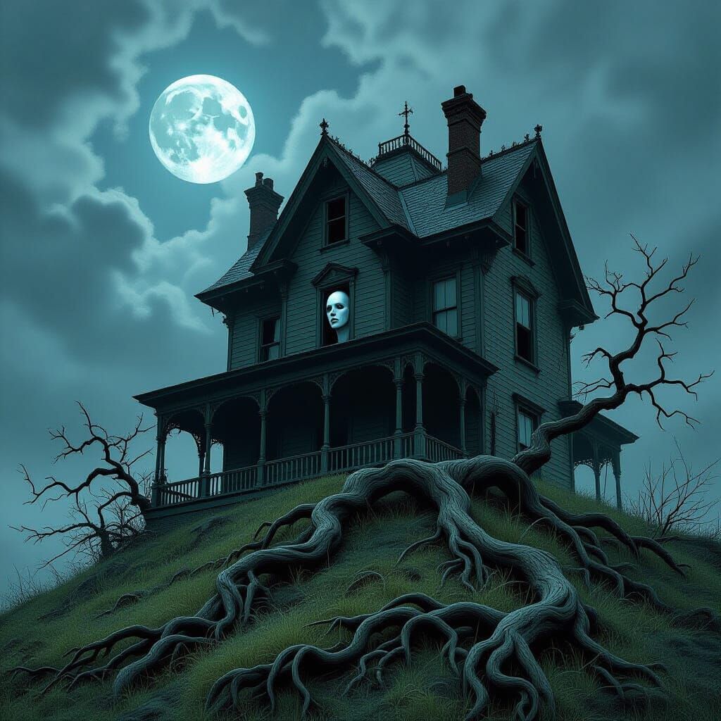 Haunted Victorian Mansion with Ghostly Face and Vines