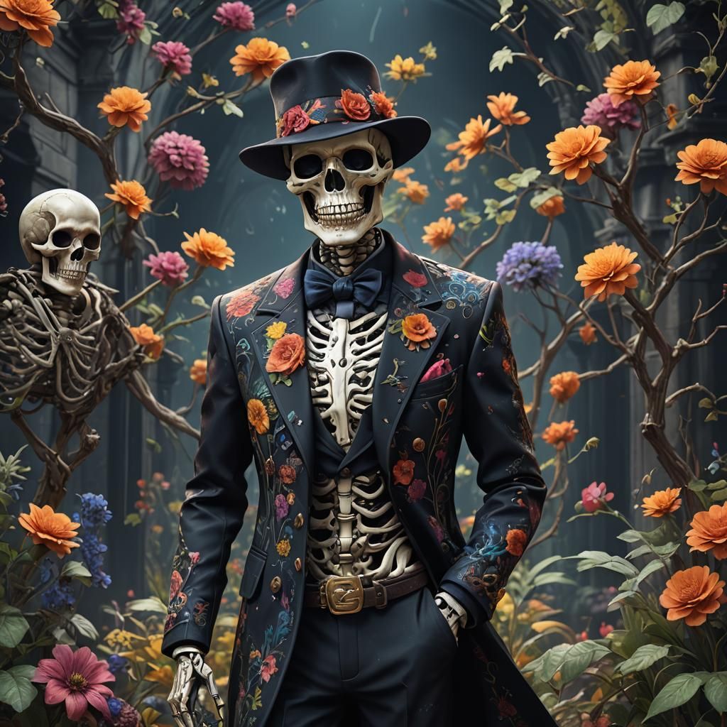 Skeleton Detective in Black Floral Suit