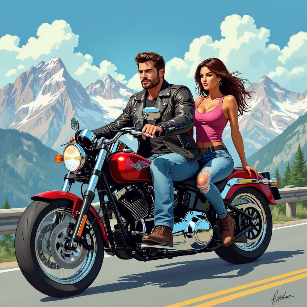 Motorcycle Ride Through Mountains in Comic Book Style