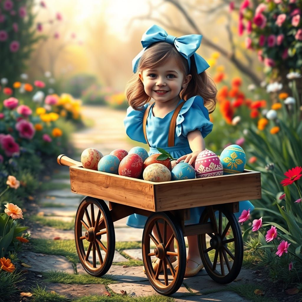 Whimsical European Girl Pushes Easter Egg Wheelbarrow in Vib...