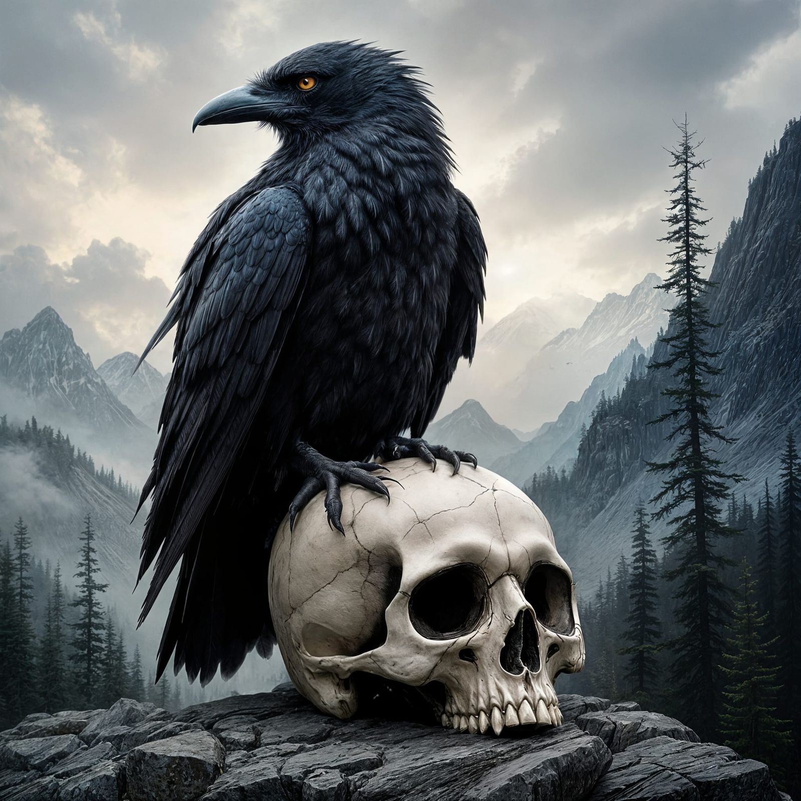 Majestic Raven in Dark Fantasy Landscape
