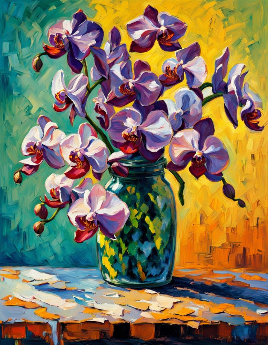 Vibrant Neo-Impressionist Orchid Still Life