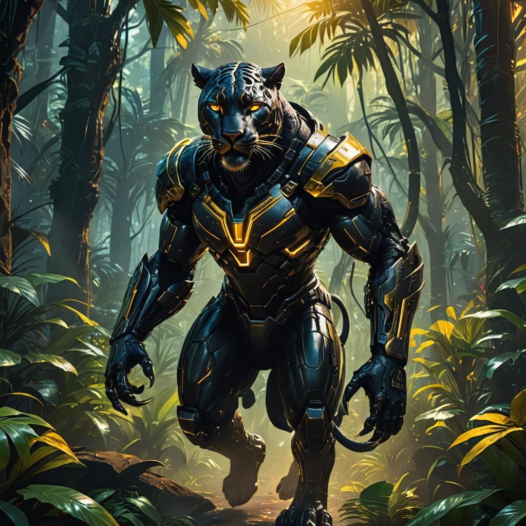 Cyberpunk Panther Warrior in Neon Jungle