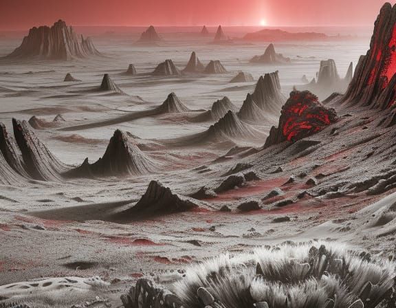 Surreal Crimson World with Twisted Rock Formations and Glowi...