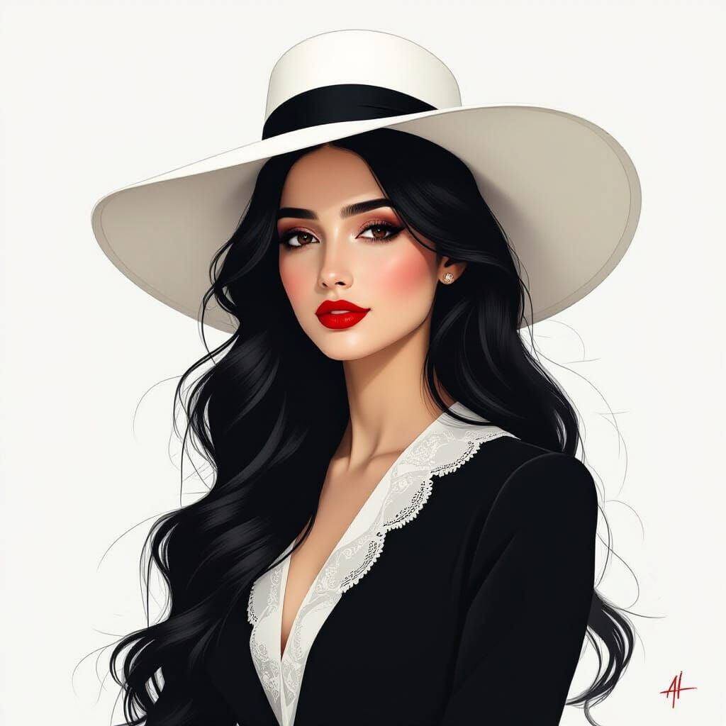 Elegant Iranian Woman in White Hat, Impressionist Style