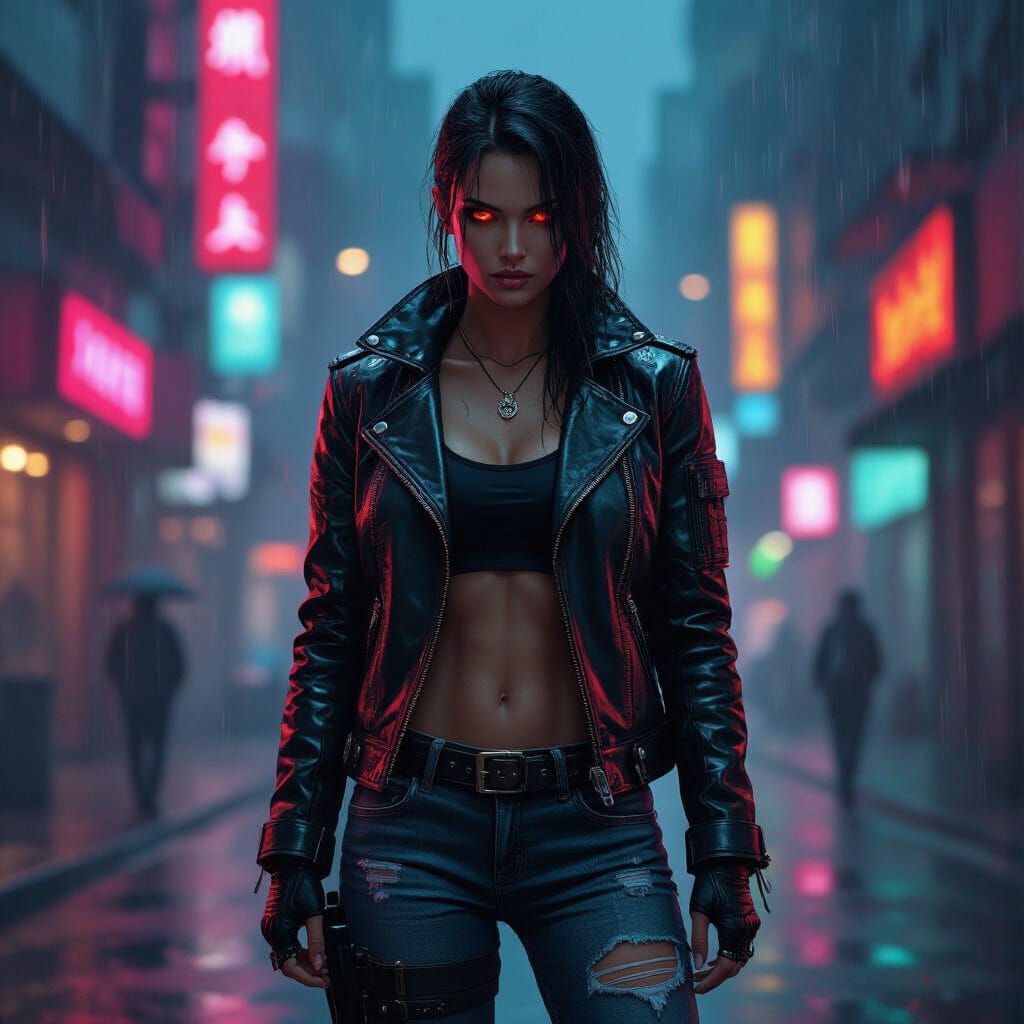 Cyberpunk Mercenary in Rainy Cityscape