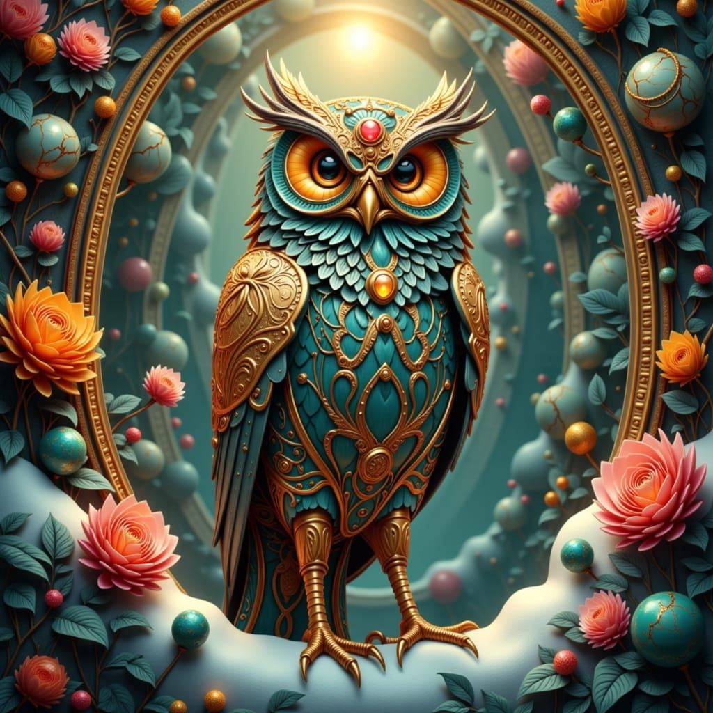 Art Deco Mechanical Owl in Alien Winter Jungle