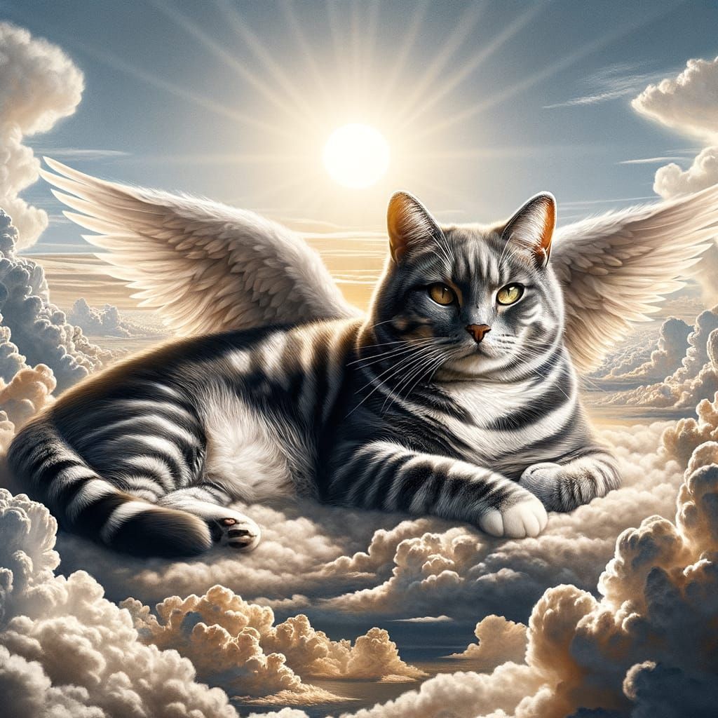 Giant Tabby Cat with Angel Wings on Cloud