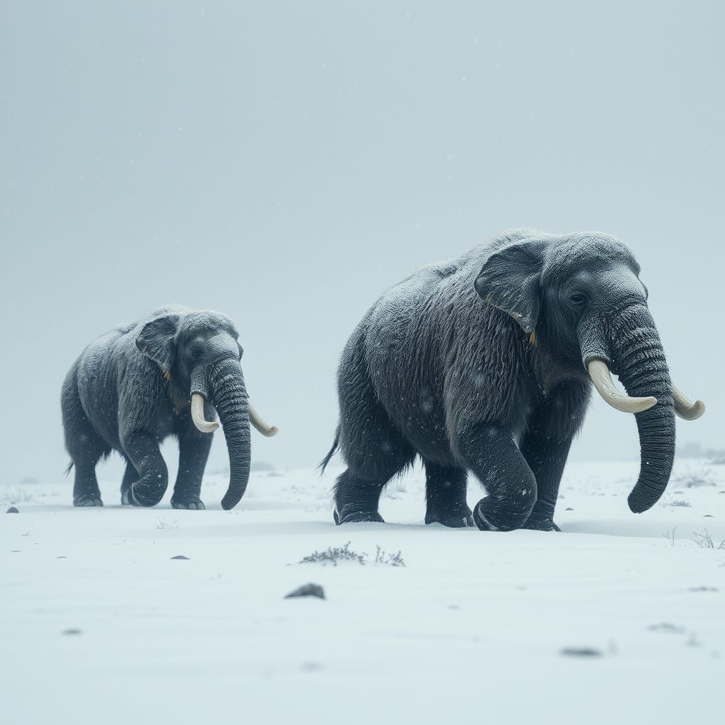 Woolly Mammoths in Winter Storm, Hyperrealistic Scene