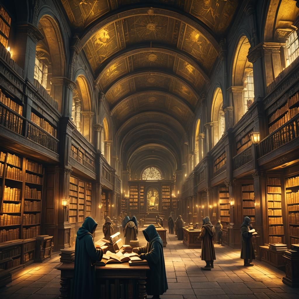 Hooded Figures Browse Books in Ancient Library