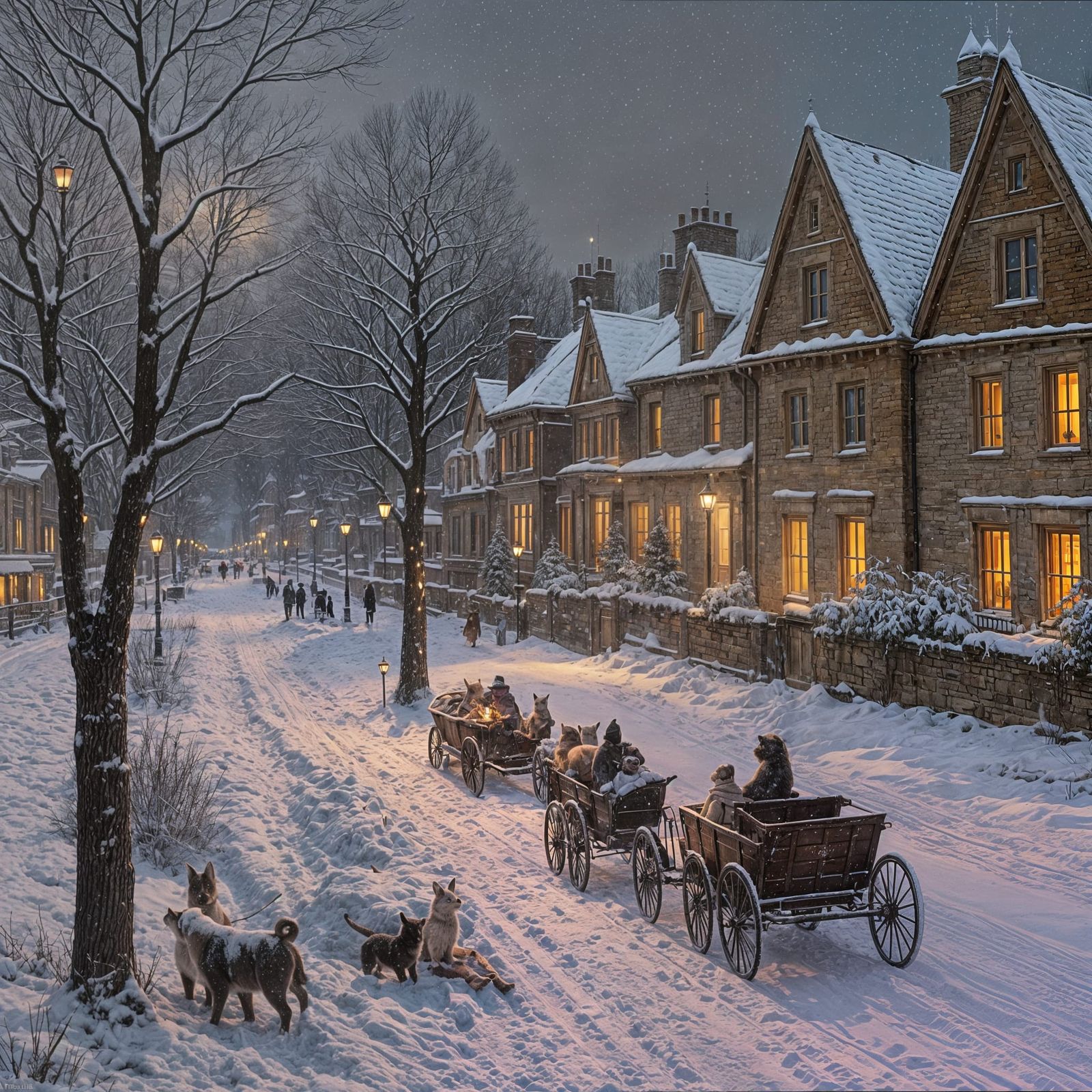 Victorian Santa in Snowy Town: An Oil Painting