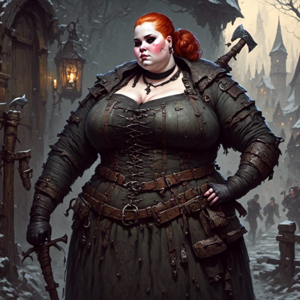 Brave Woman Guarding City Gate from Orcs