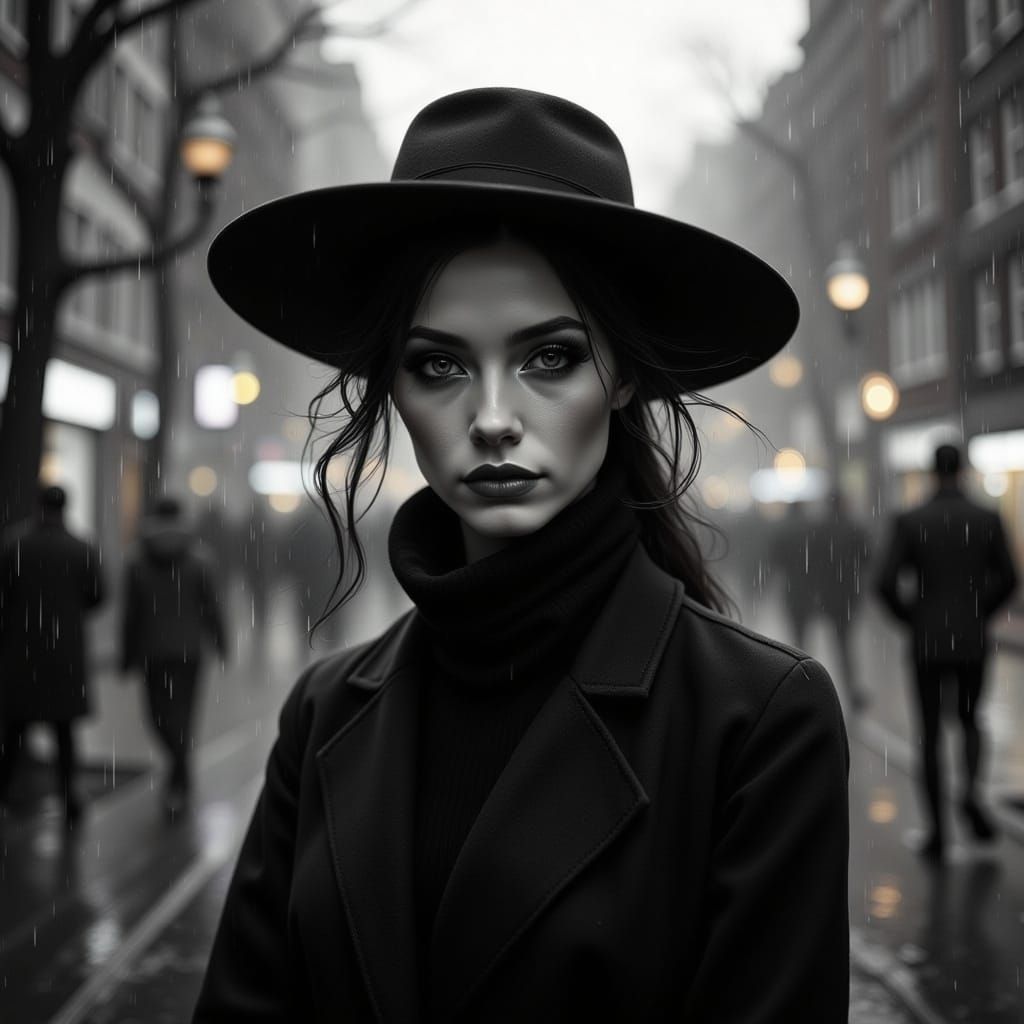 Mysterious Woman in Dark Cityscape, in High-Contrast Black a...