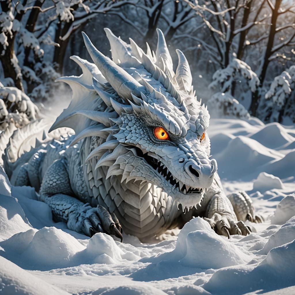 Snow Dragon with Glowing Eyes: Photorealistic Image