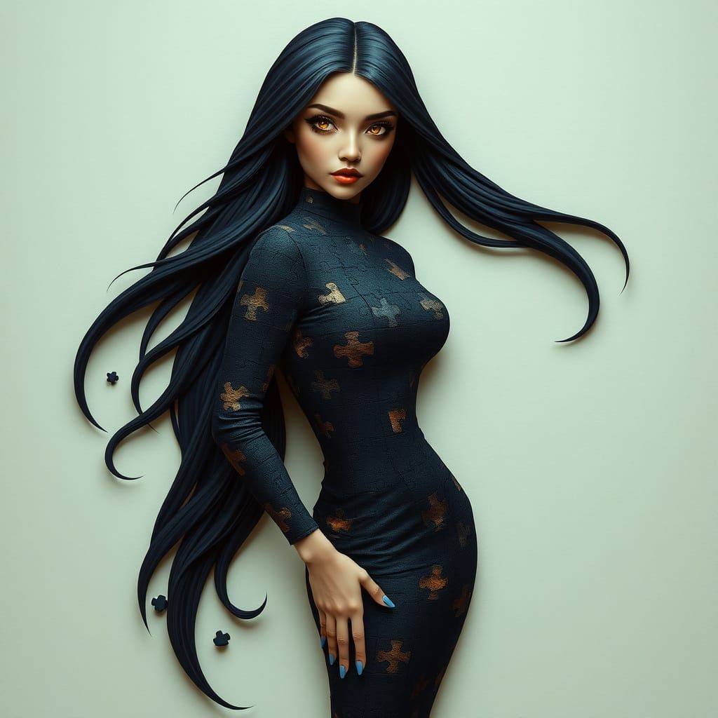 Woman in Futuristic Puzzle Piece Armor with Raven Hair and H...