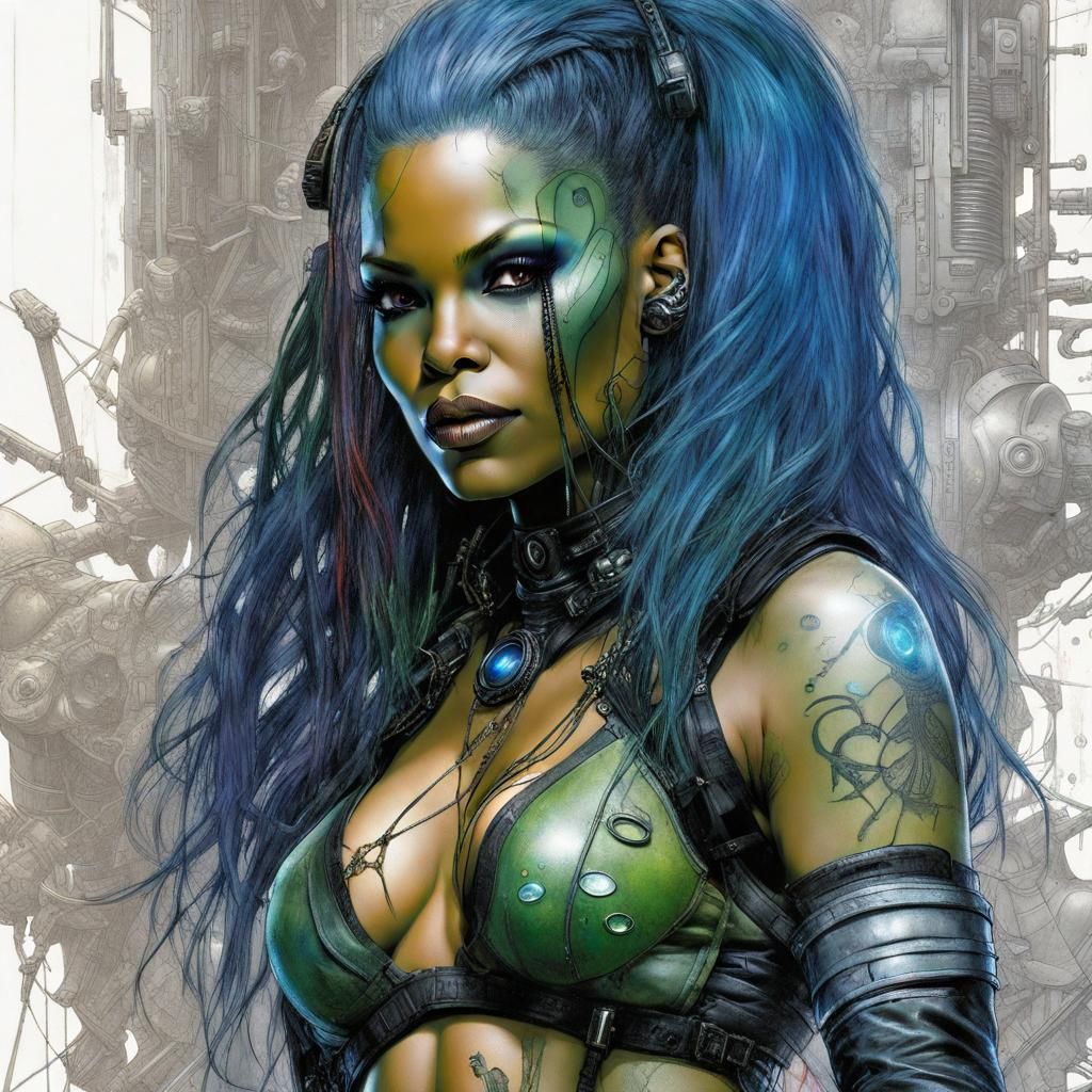 Cyberpunk Woman with Blue Hair in Royo Style