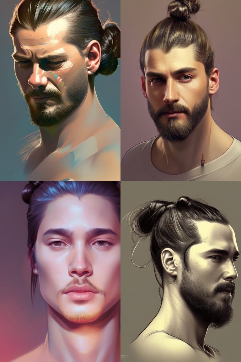 Detailed Man Bun Portrait in Art Nouveau Style