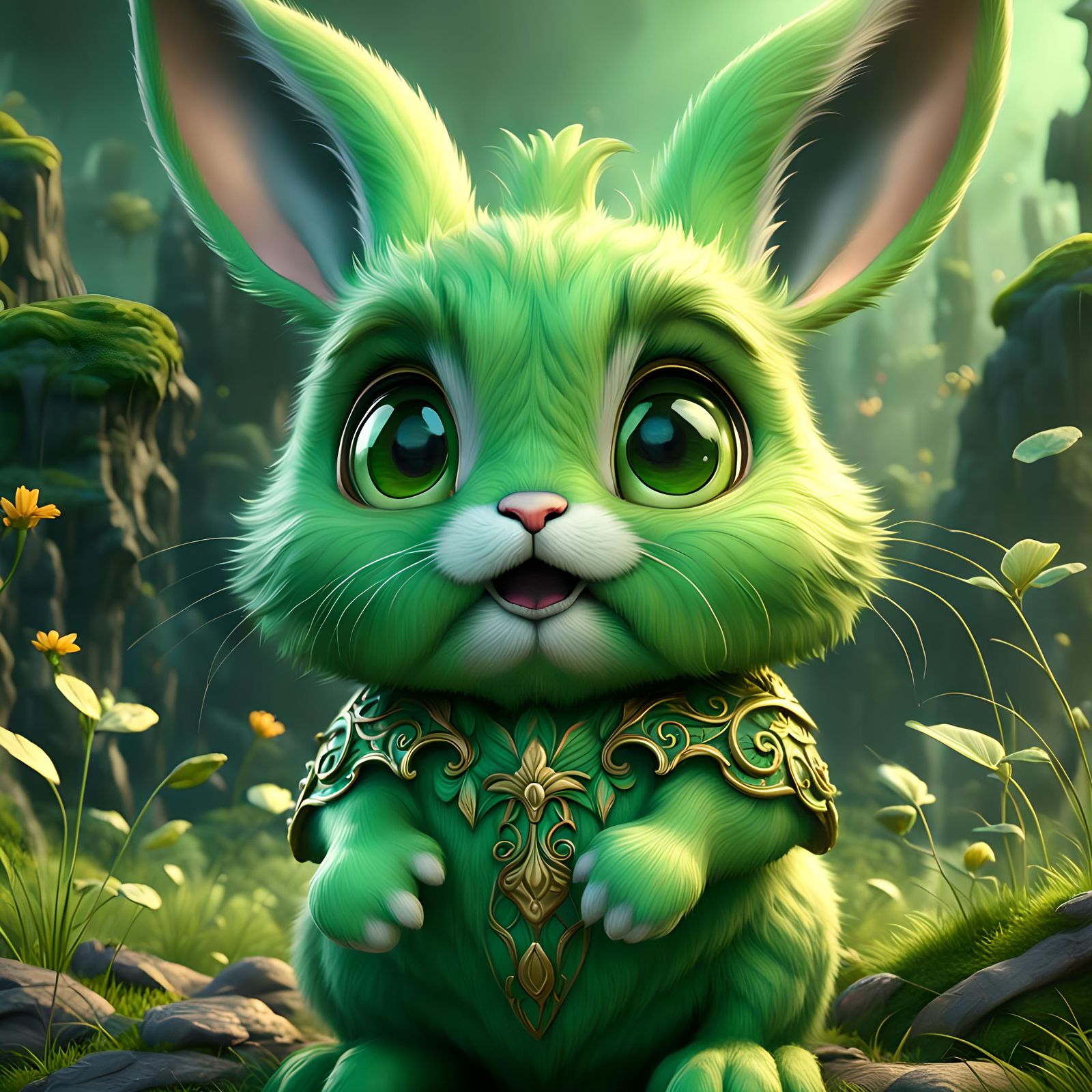 Cute Green Rabbit with Pleading Eyes, Detailed Digital Art