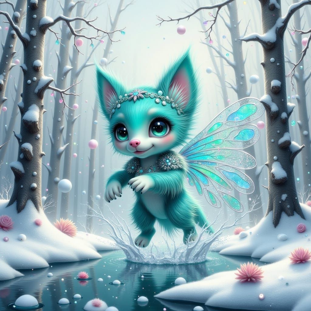 Crystal Puppy Dances in Winter Wonderland with Majestic Pine...