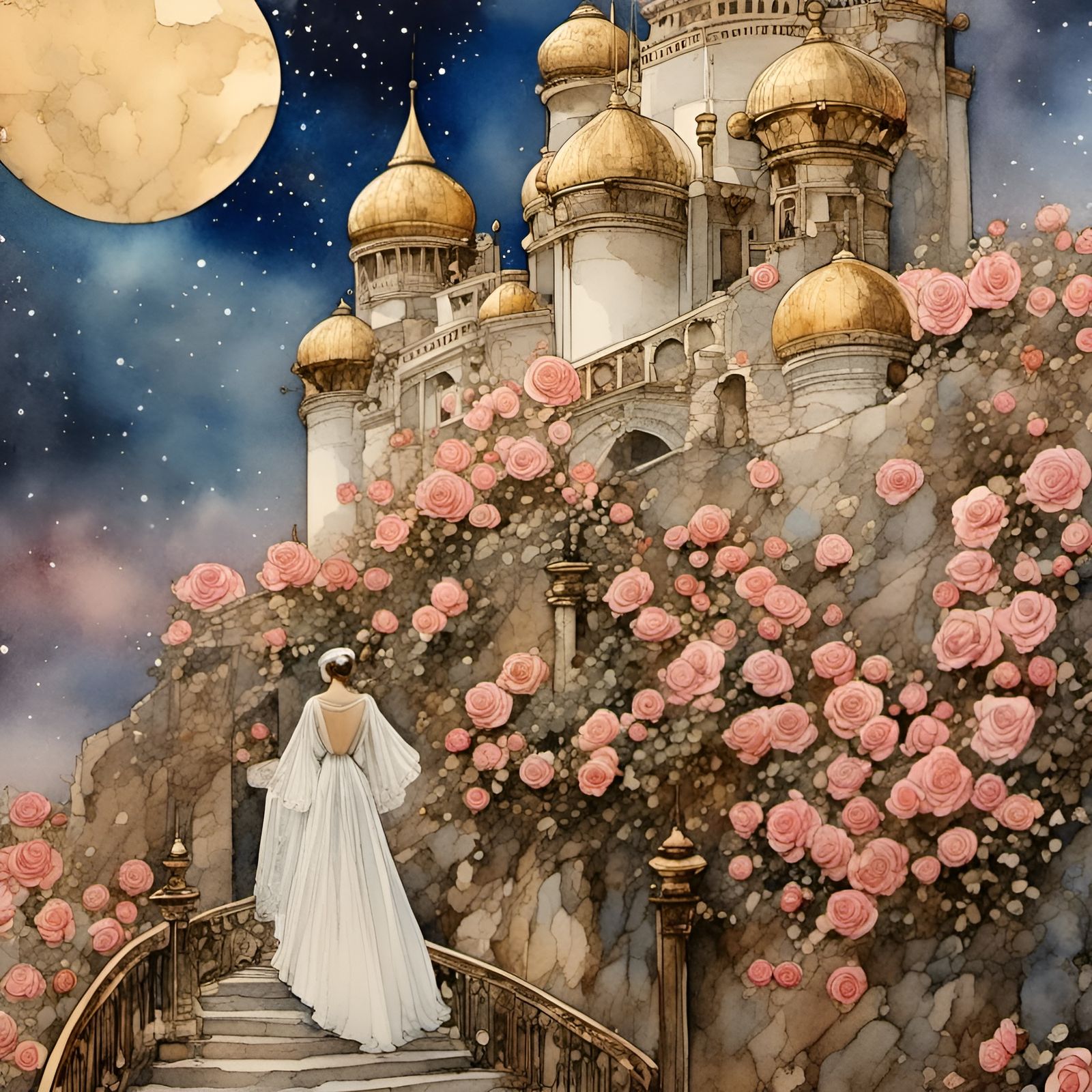 Bride's Journey to Oriental Citadel: Watercolor and Ink