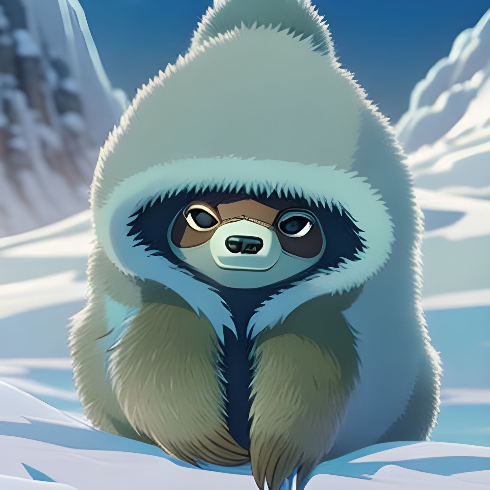 Chibi Sloth in Arctic Landscape, Ghibli Anime Style