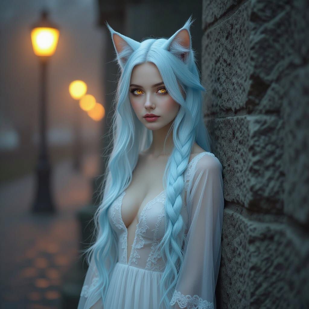 Woman with Cat Ears in Foggy Park at Night
