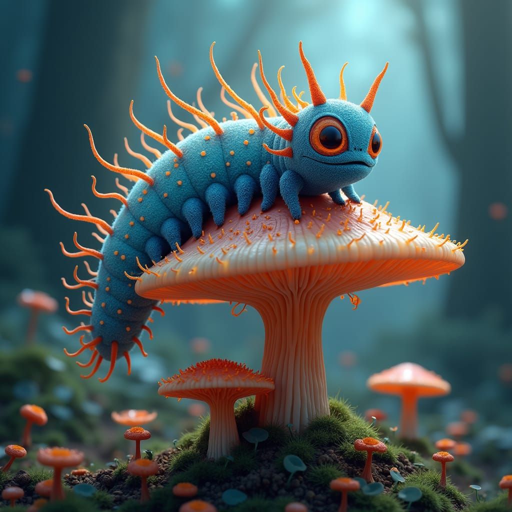 Caterpillar on Mushroom in Dreamlike Forest