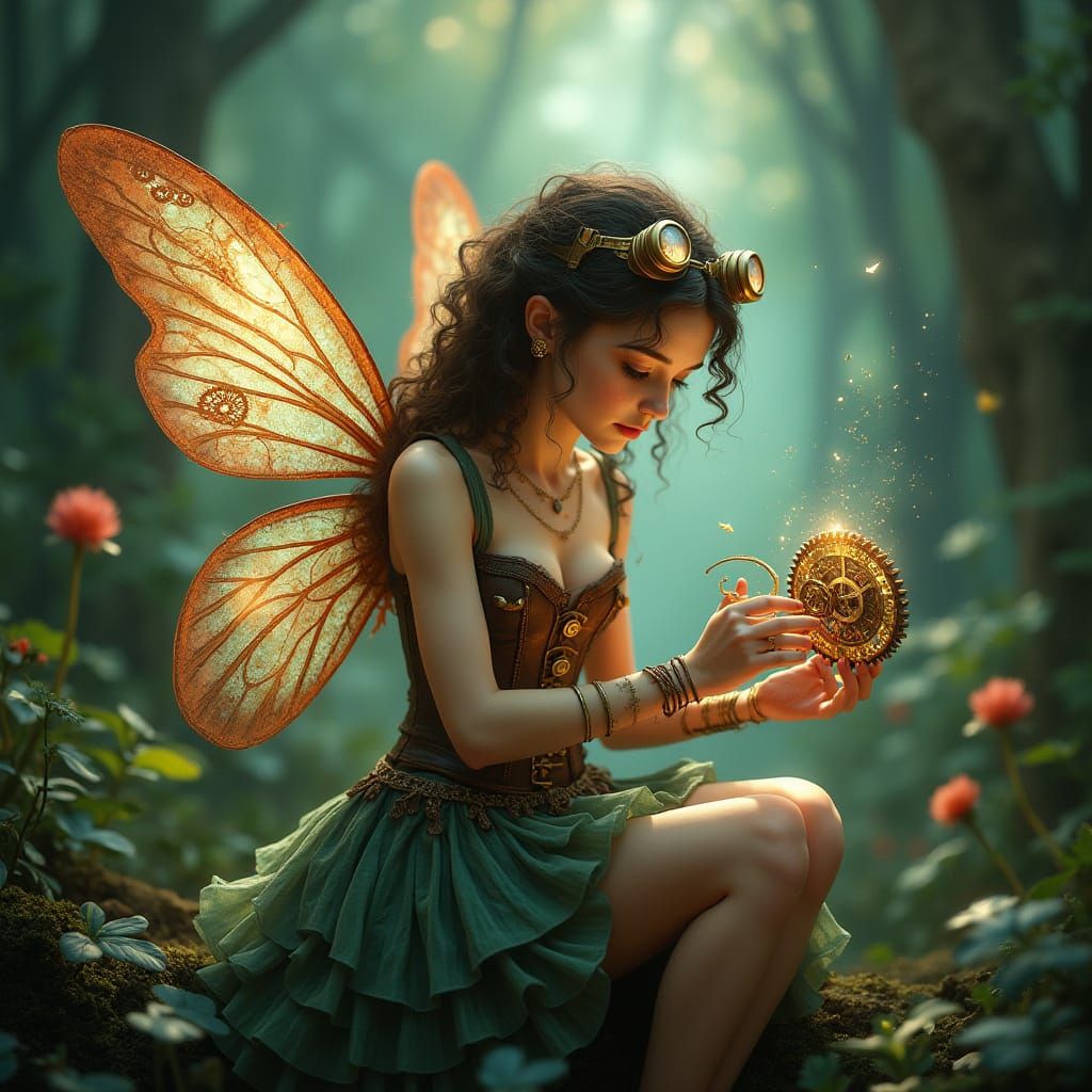 Steampunk Fairy Tinkers with Clockwork Gears in Enchanted Gr...