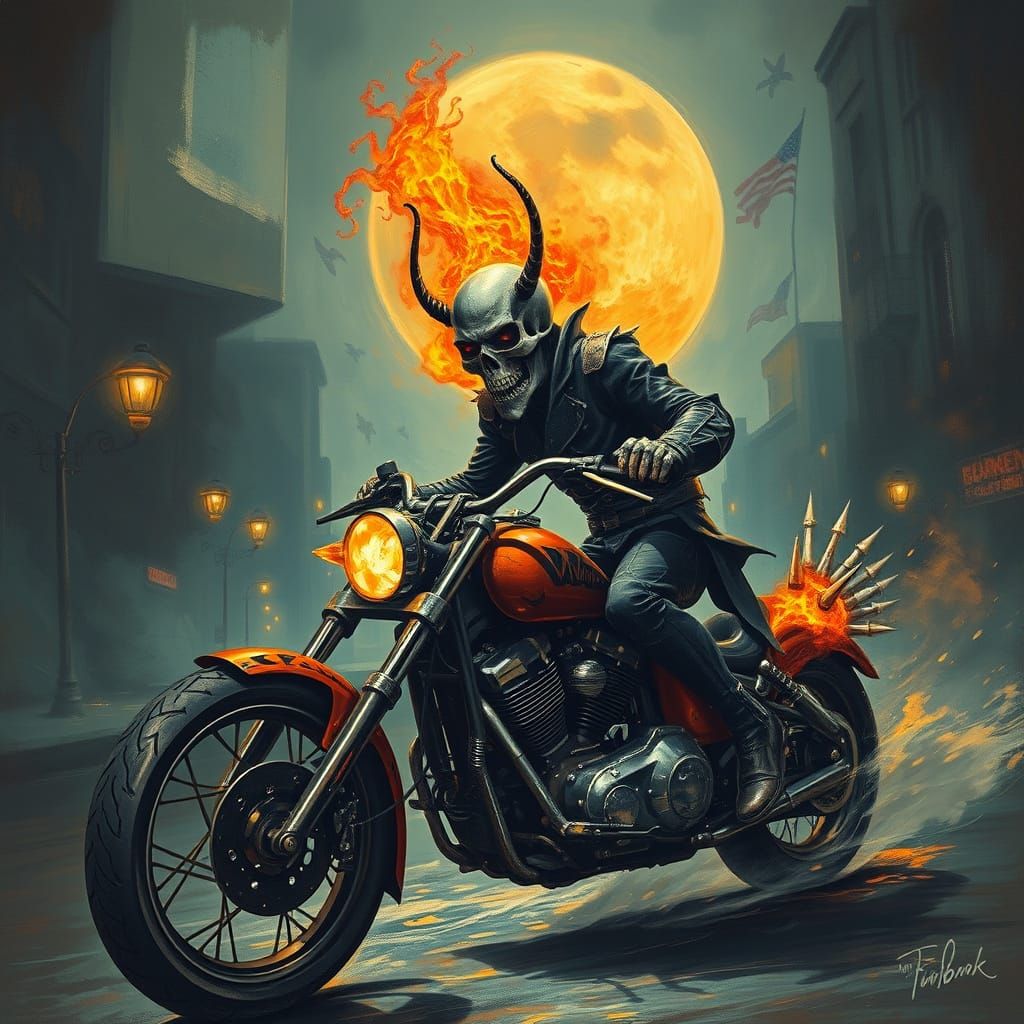 Dark Surrealist Vision of Skull Man on a Stormy Motorcycle C...