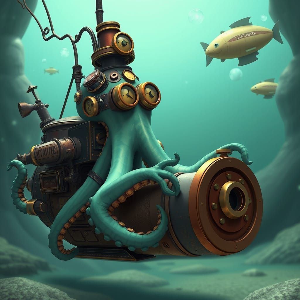 Steampunk Octopus Piloting Submarine in Animated Style