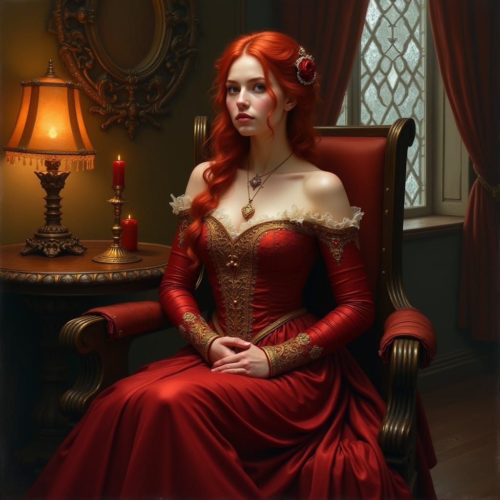 Ethereal Portrait in Crimson Velvet, Inspired by the Old Mas...