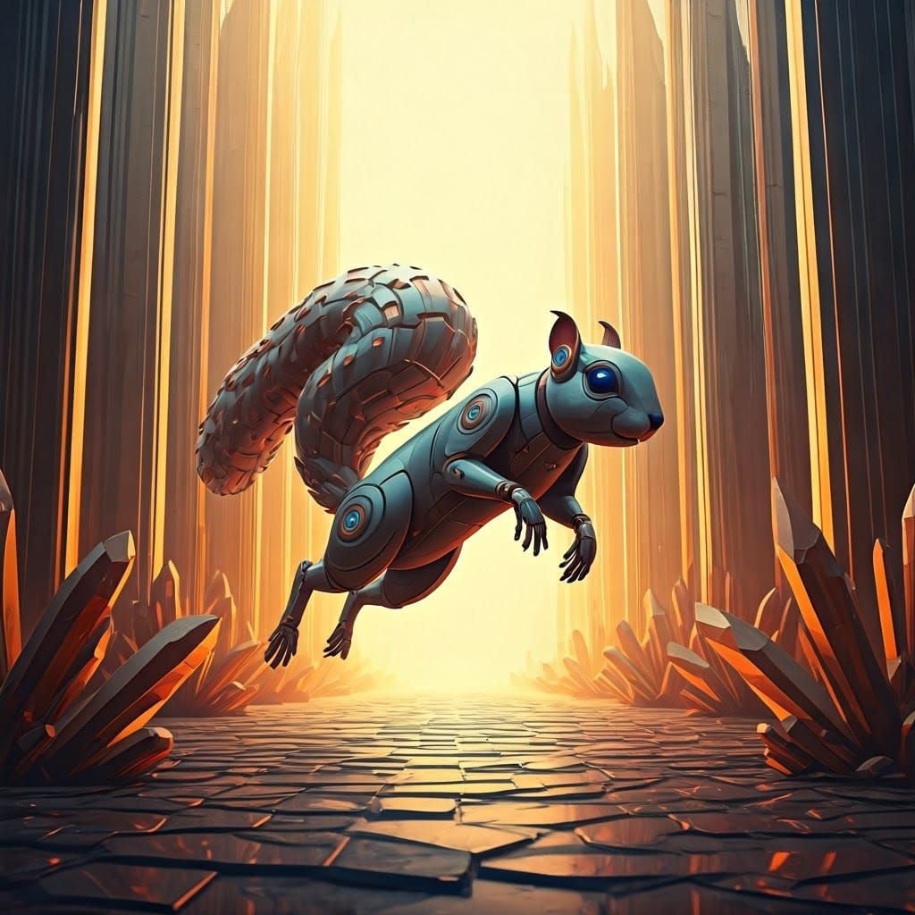 Metallic Squirrel Robot in Crystalline Forest
