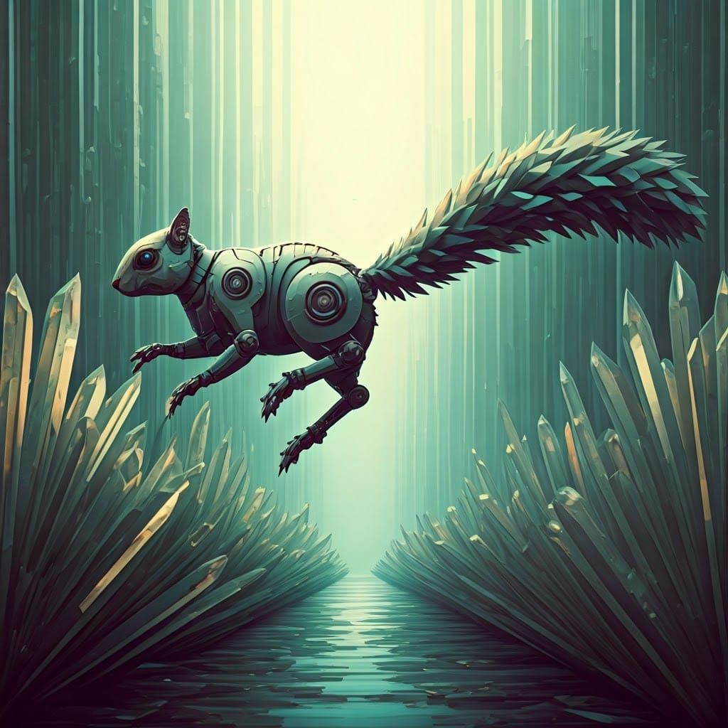 Futuristic Robot Squirrel Leaping in Crystal Forest