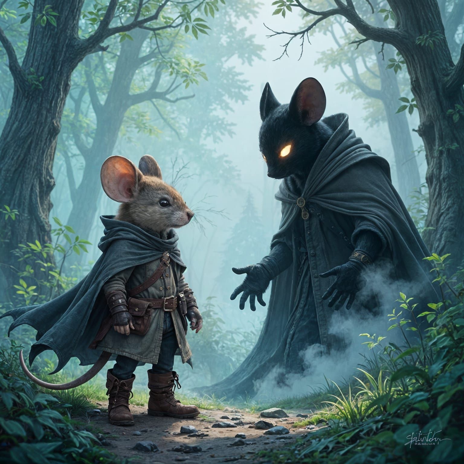 Mouse Battles Shadow in Misty Forest, Ethereal Fantasy
