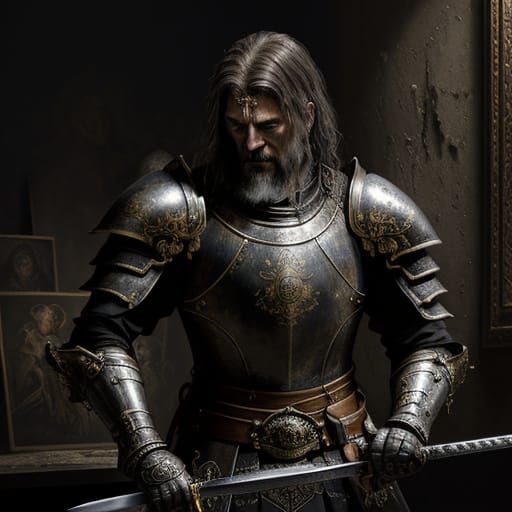 Knight Polishing Sword in Dark Armory Oil Painting