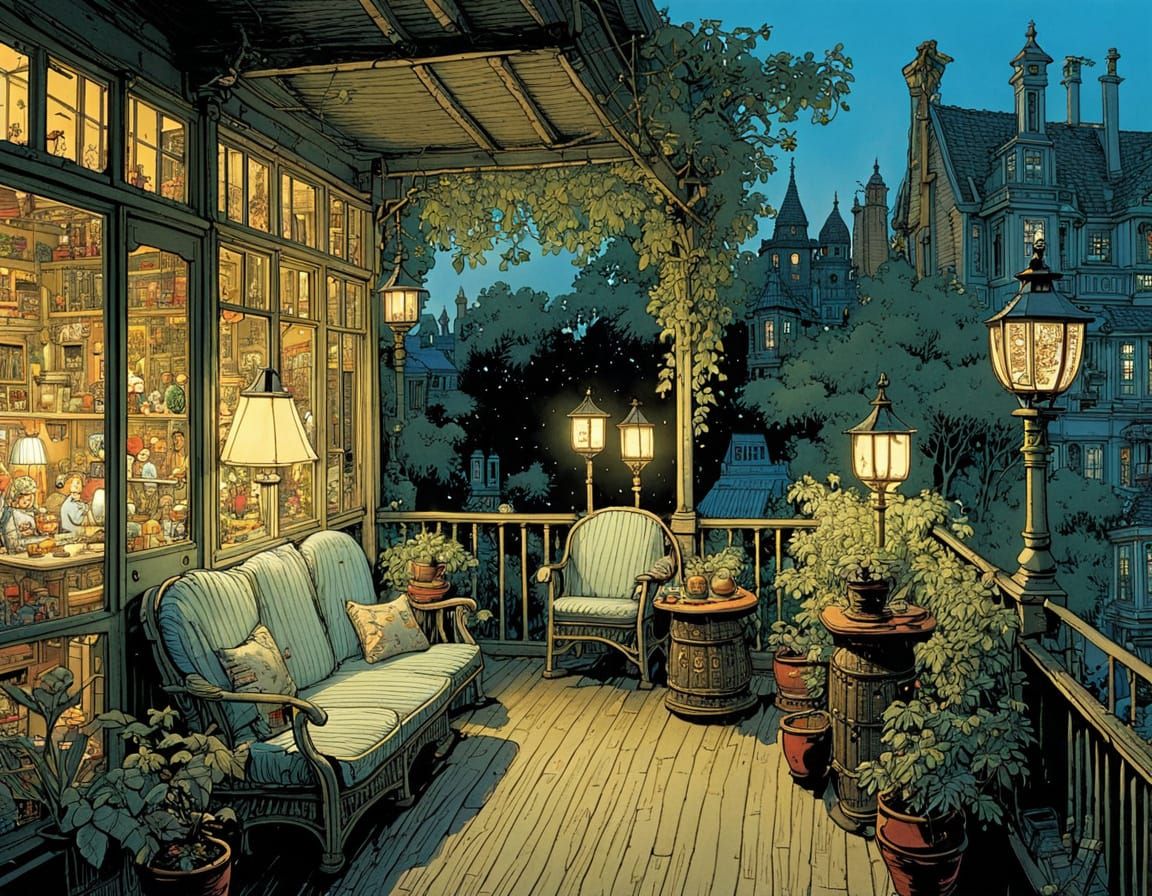 Whimsical Family Evening Scene in Intricate Watercolor Style