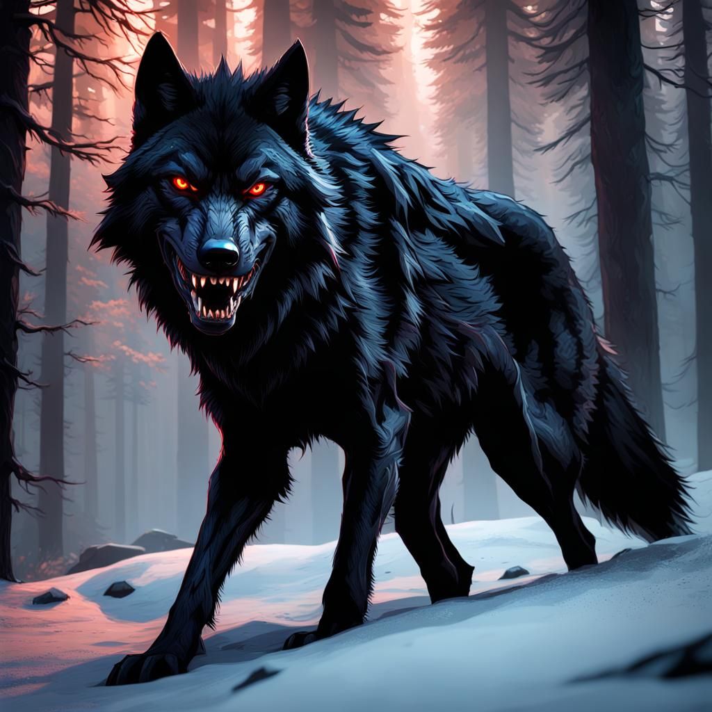 Intimidating Black Wolf with Red Eyes: Digital Art