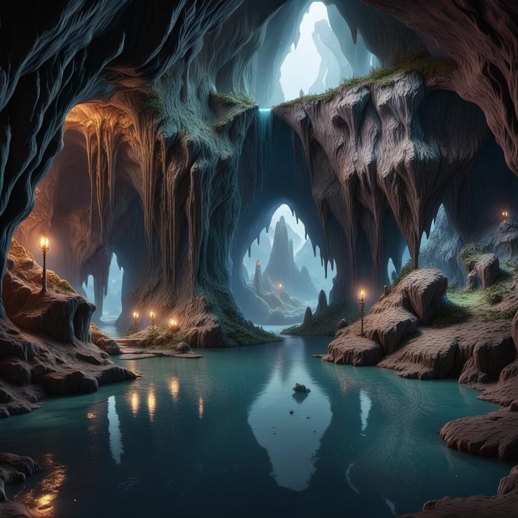 Starlit Cave with Underground Lake