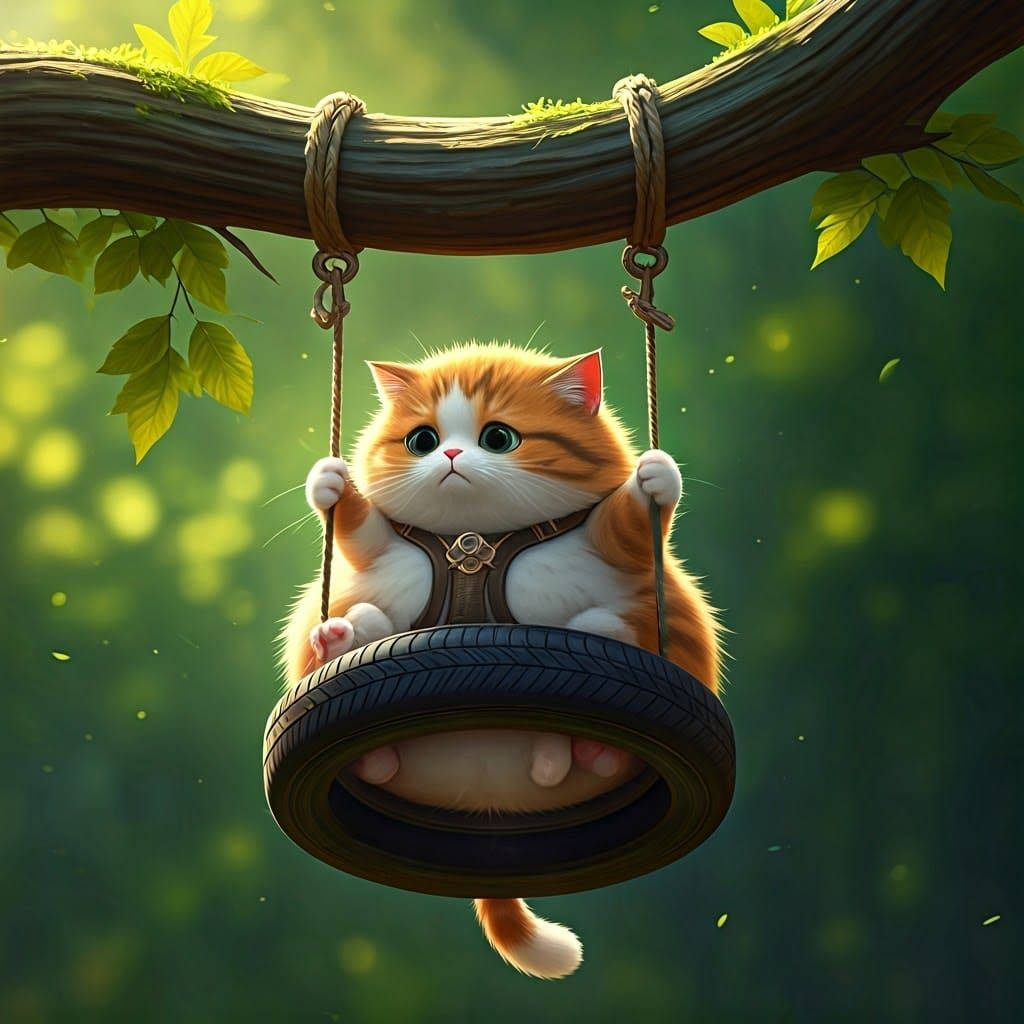 Cartoon Cat Trapped in Tire Swing: 3D Anime Art