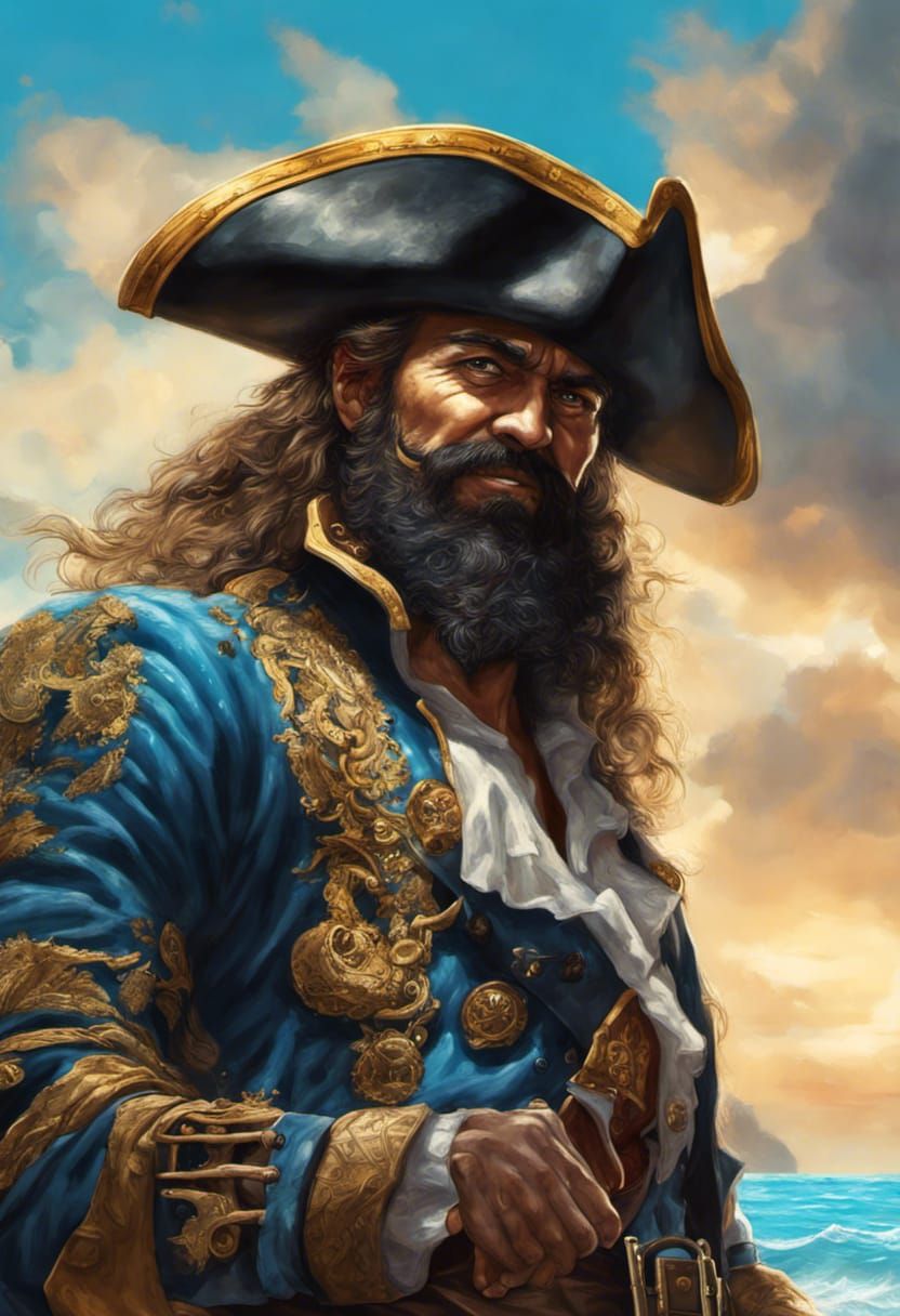 Evil pirate Captain Blackbeard, blue coat,  treasure chest o...