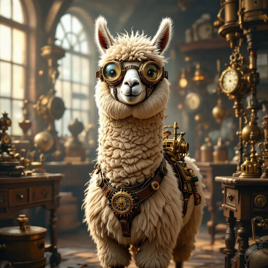 Steampunk Alpaca in Victorian Workshop Digital Painting