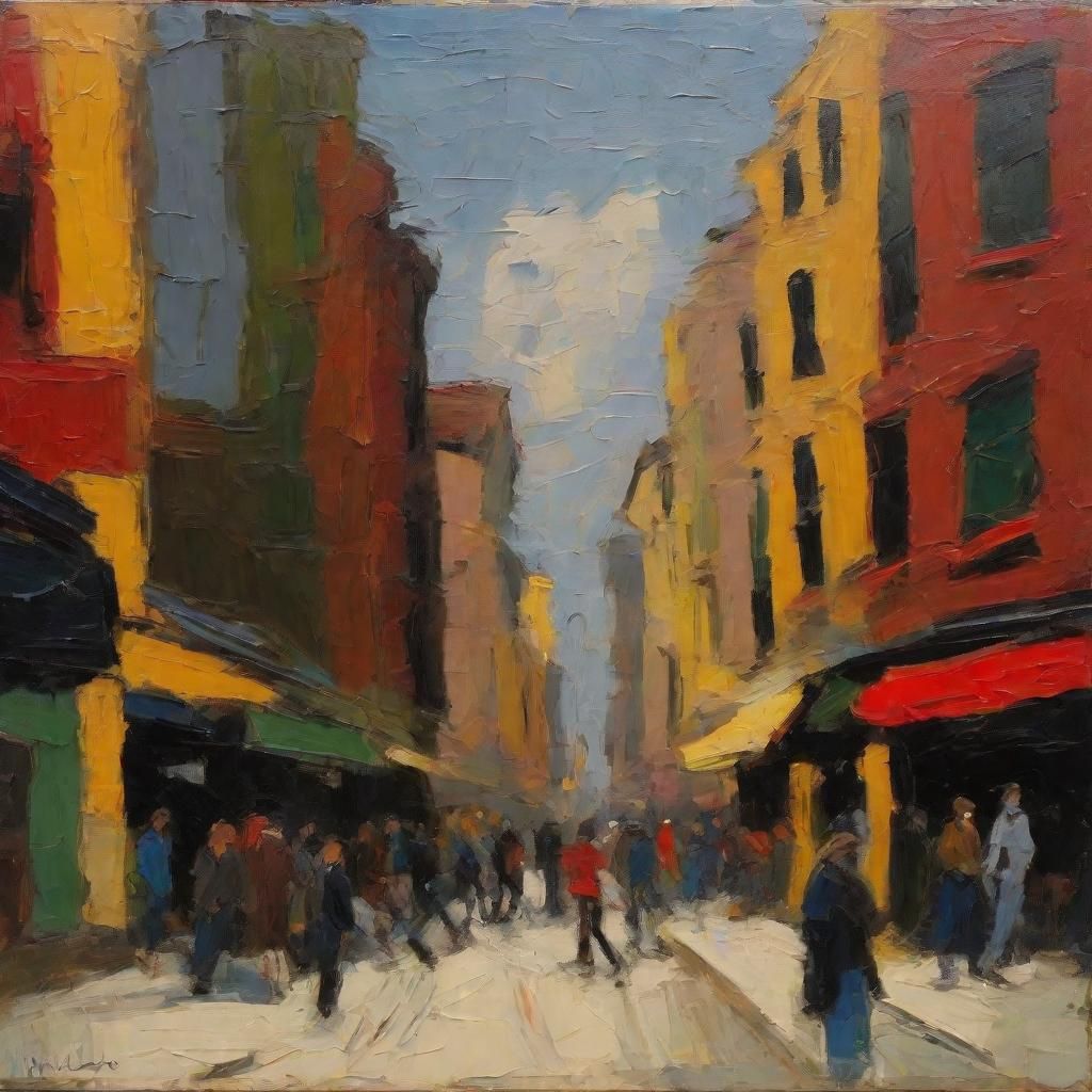 Art by Frank Auerbach, a bustling city street scene rendered...