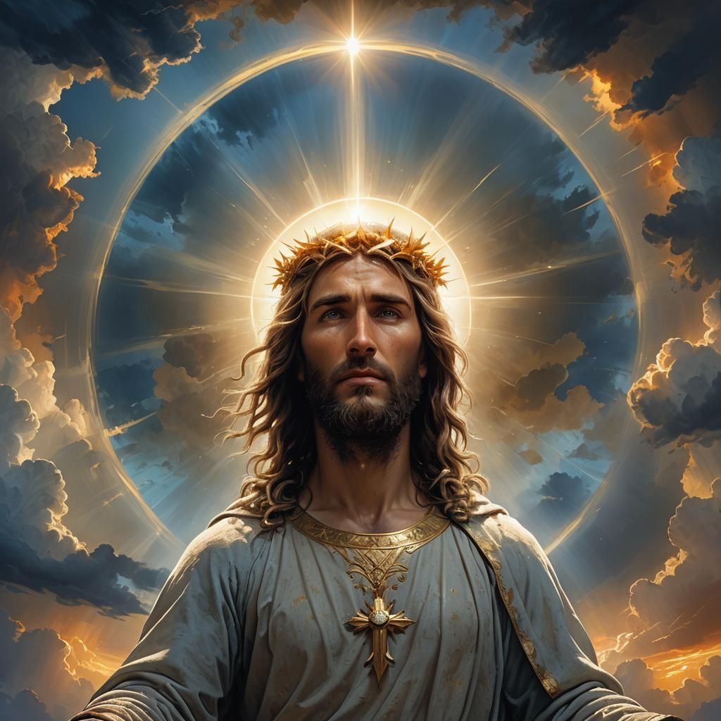 Christ with Halo Stares from Darkened Skies